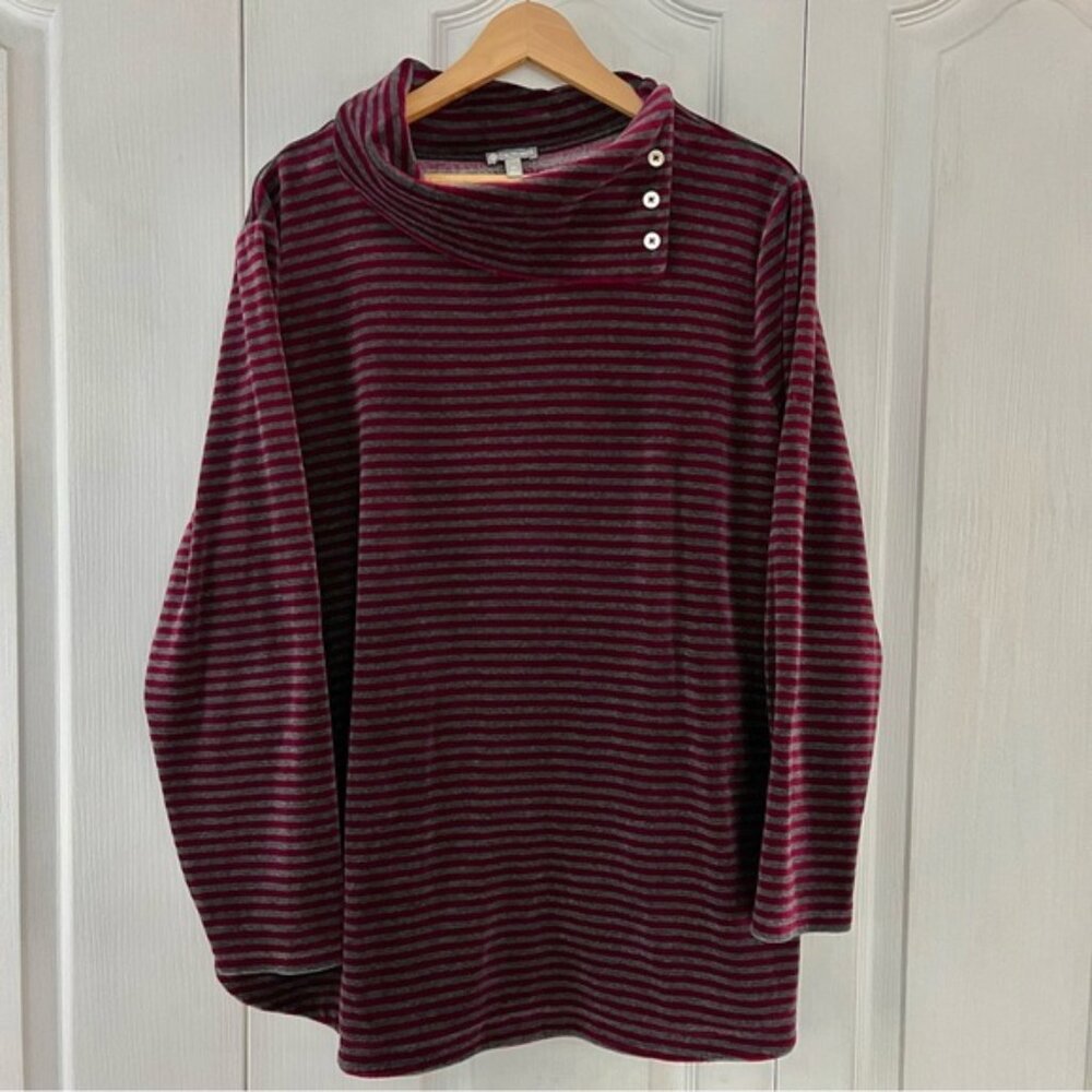 T by Talbots Velour Cowl Neck Top Women's Size 2X Burgundy And Gray Stripe